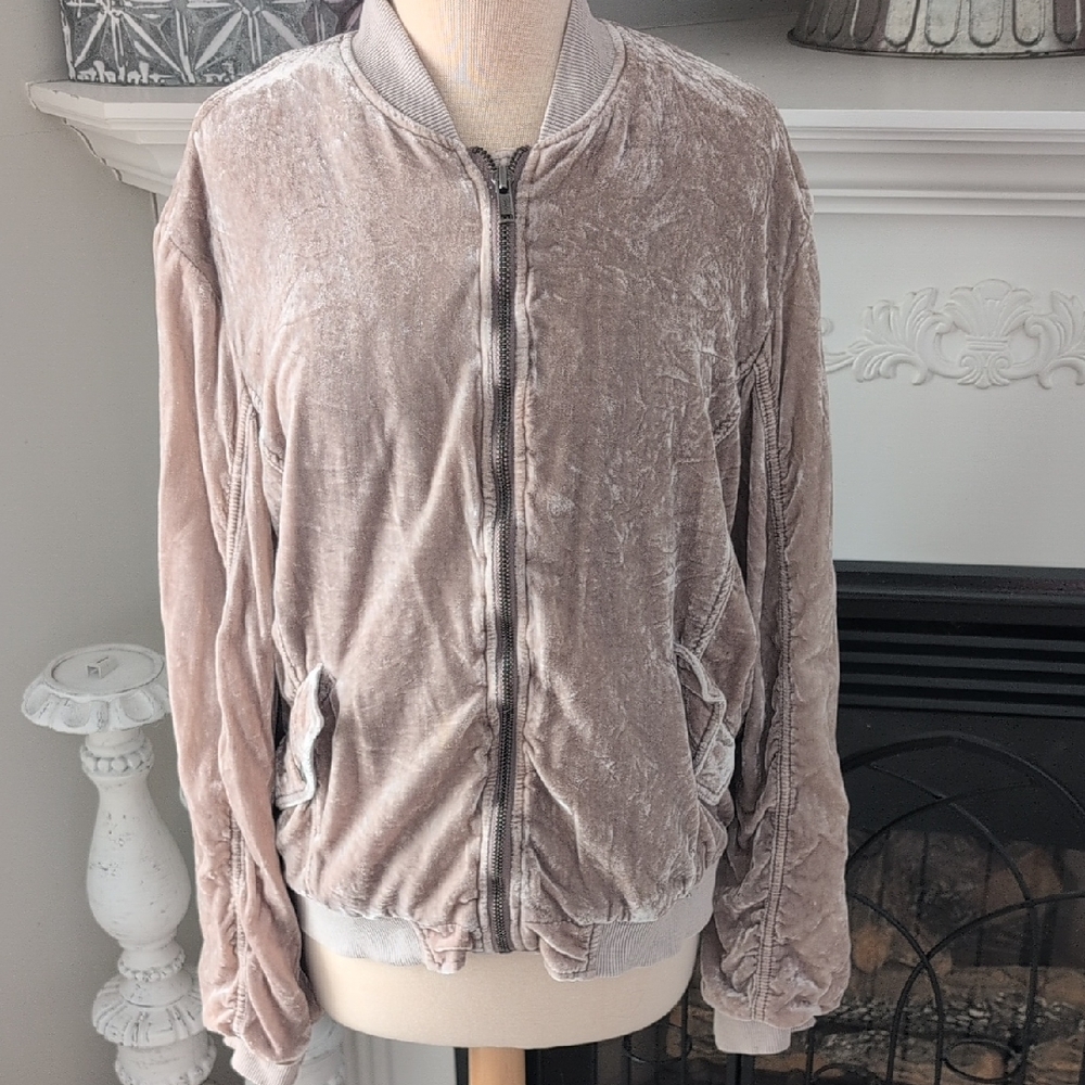 Free People Velvet Bomber Jacket Zip Up Sweatshirt - Soft Beige Size Medium